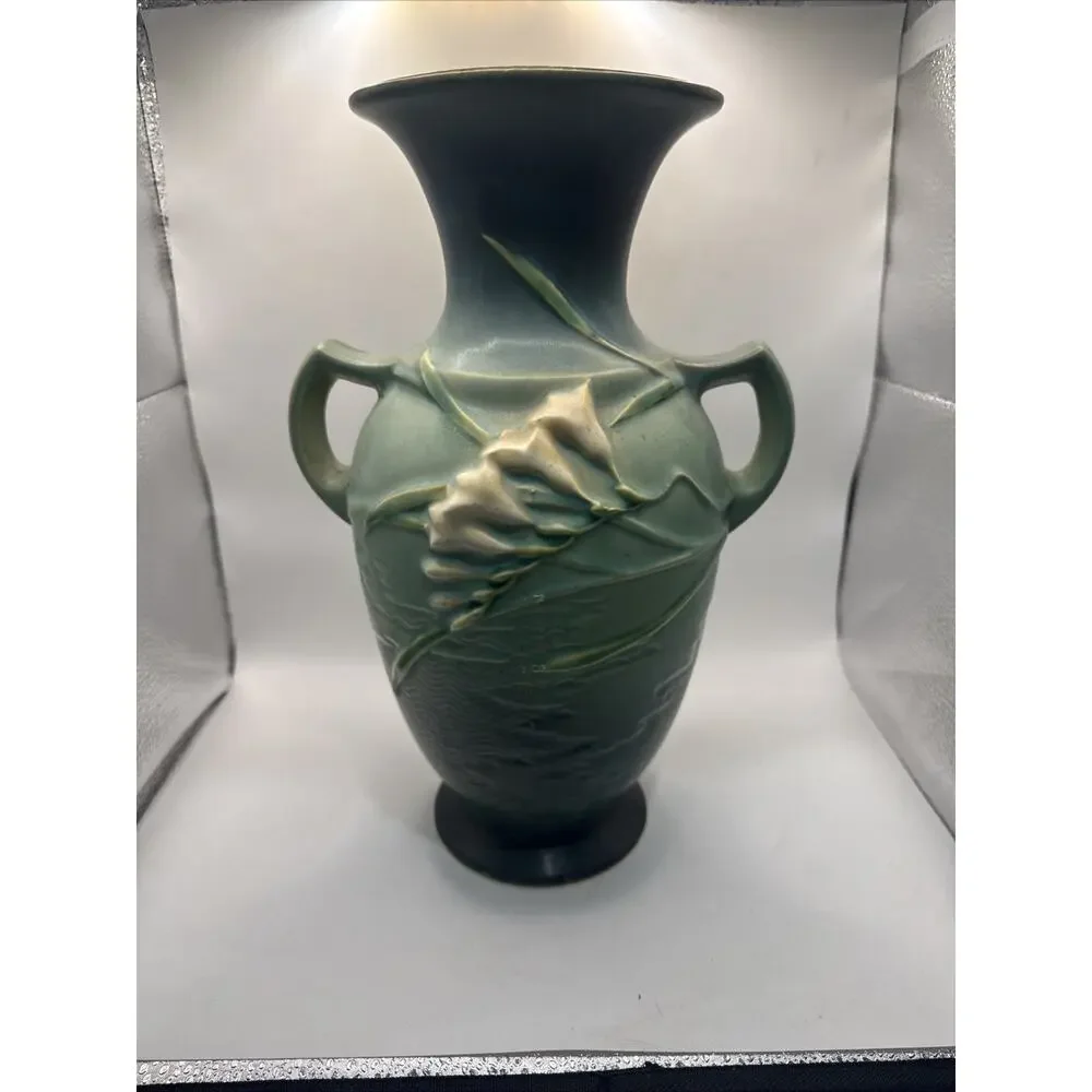 Roseville Freesia 2-Handled Vase In Green / Blue Model 127-12 12” *